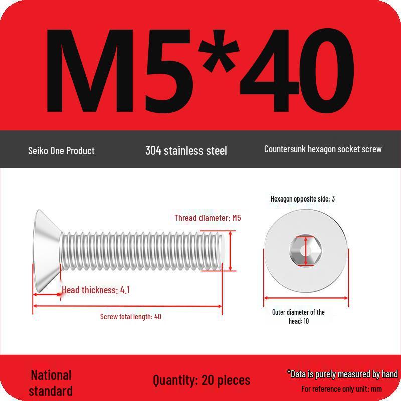 M2-M10 Stainless Steel Flat Head Machine Screws and Bolts Set, Countersunk Hex Socket Cap, 304 Grade.