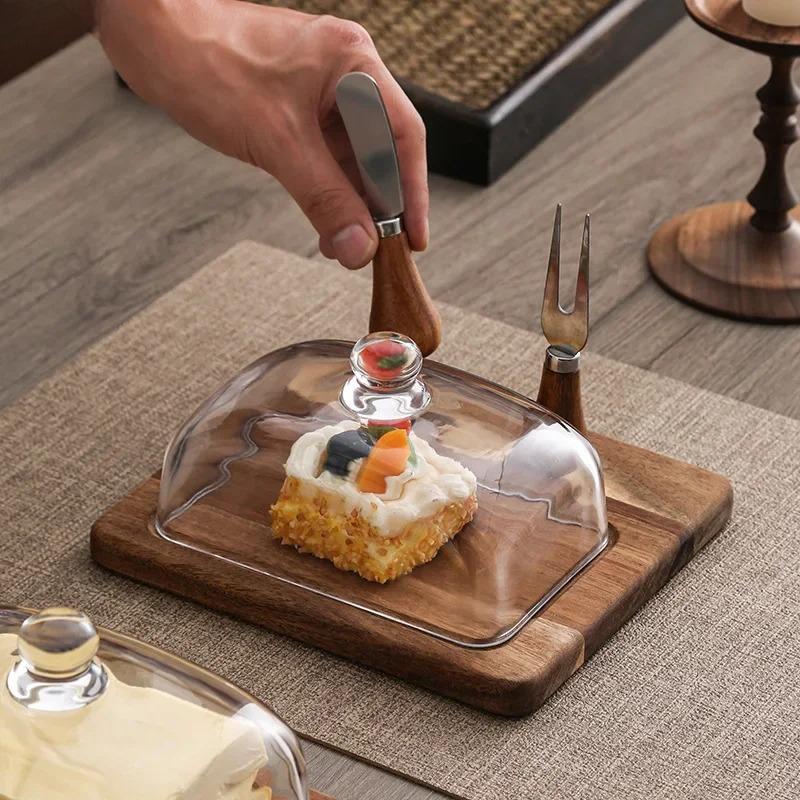Acacia Wood Glass Cover Butter Box Cheese Plate with Knife Butter Plate Wooden Dessert Plate Cake Pastry Tray Kitchen Utensils