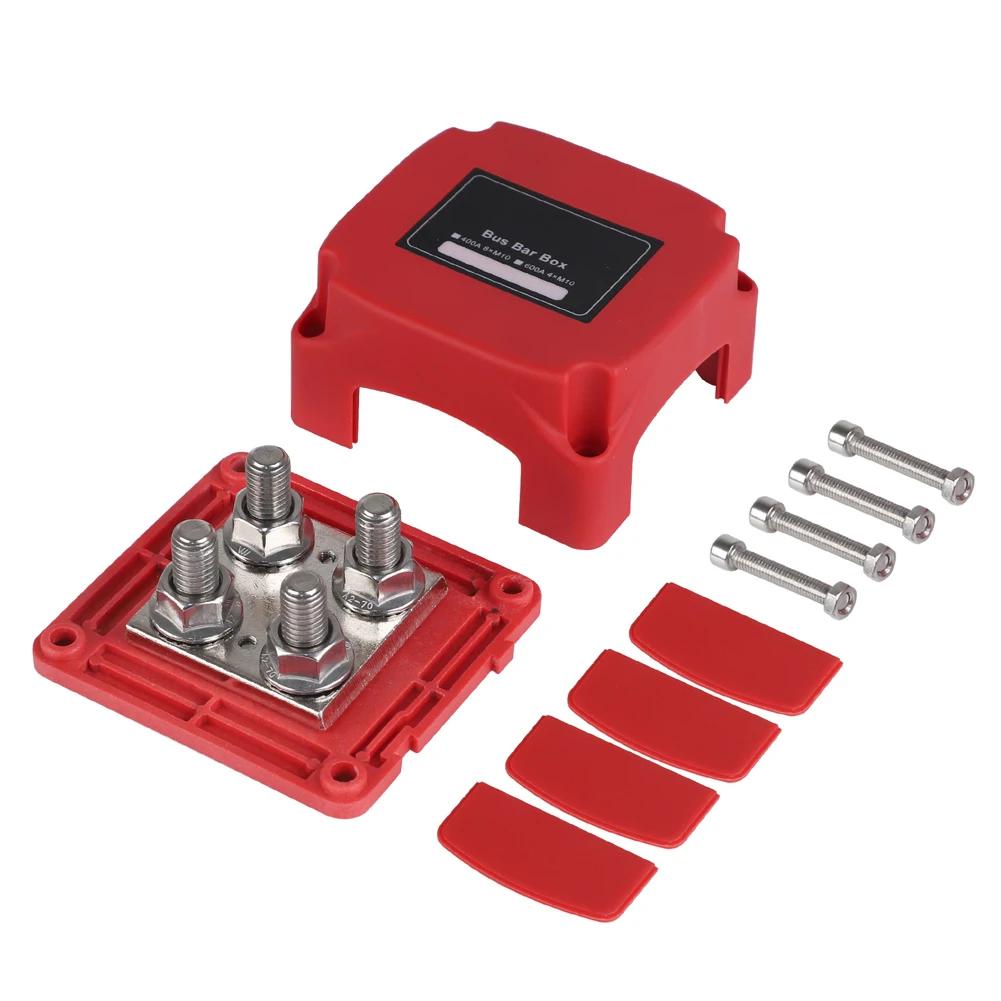 M10 Stud Busbar 400A 48VDC Car Ferry Battery Negative Terminal 4 X 3/8 "(M10) RV Modification Universal Red Black with Cover
