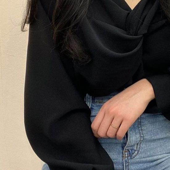 Women Shirt V-Neck Lantern Long Sleeve Pullover Tops Solid Color Knotted Design Regular Fit Tops