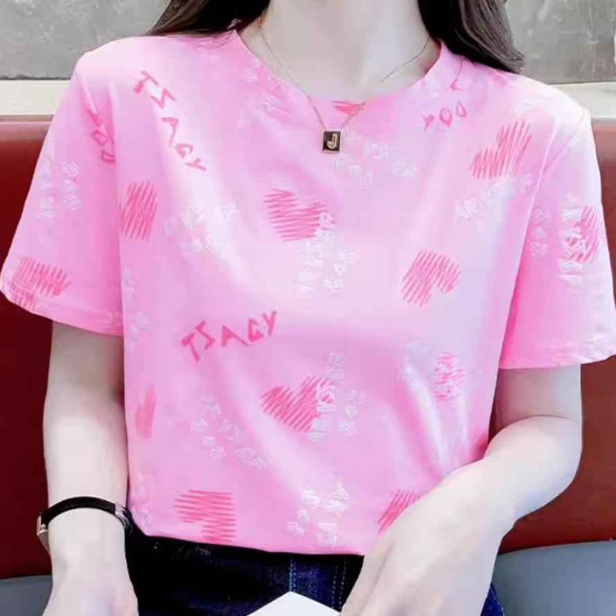 Women's Fashion Casual Summer Spring Love Letter Print Short Sleeve O-Neck Blouses & Shirts