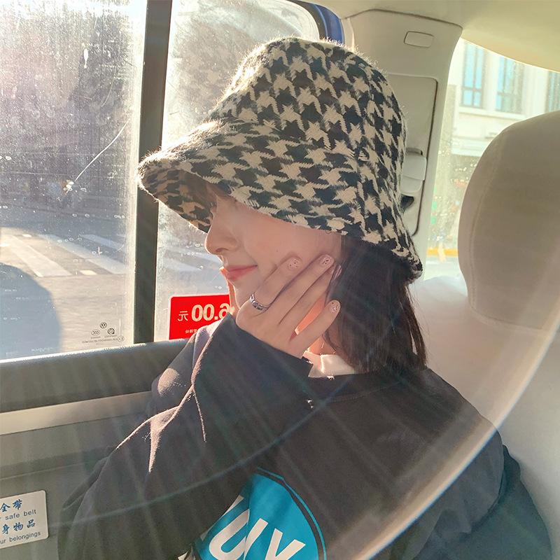 Houndstooth Autumn and Winter Fisherman Hat Trendy Showing Face Small Korean Version Versatile Japanese Corduroy Big Head Basin Hat