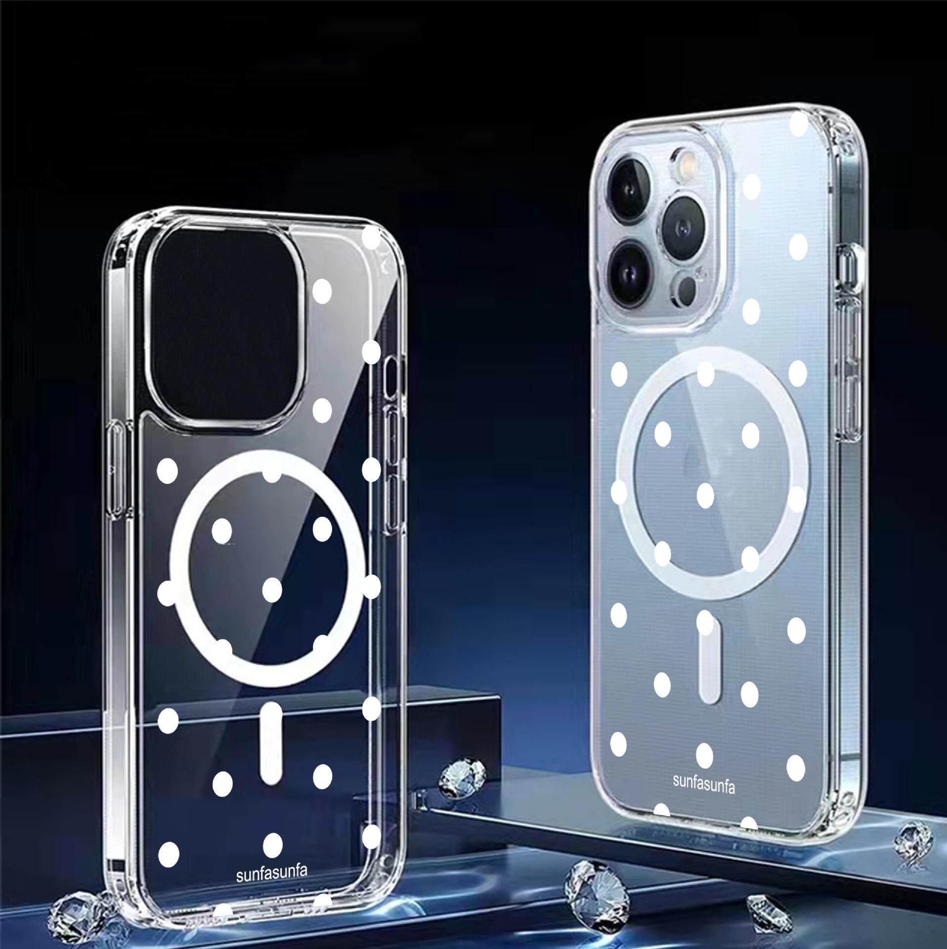 

White Polka Dot Magnetic Transparent Full Coverage Case for iPhone 15/16/17 Pro Max 15 Plus прозрачный