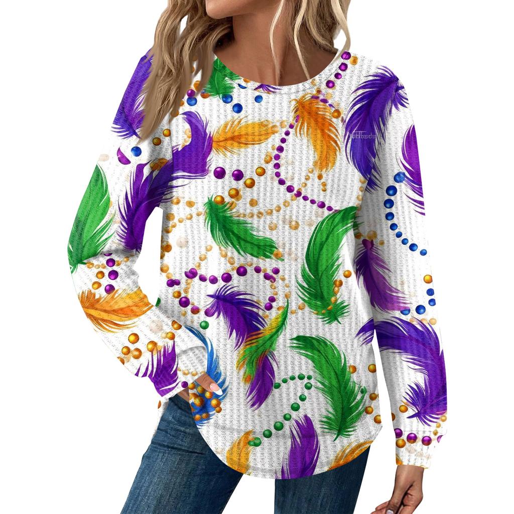 Women's Fashion  Loose Long Sleeve Carnival Print  Round Neck Casual Top