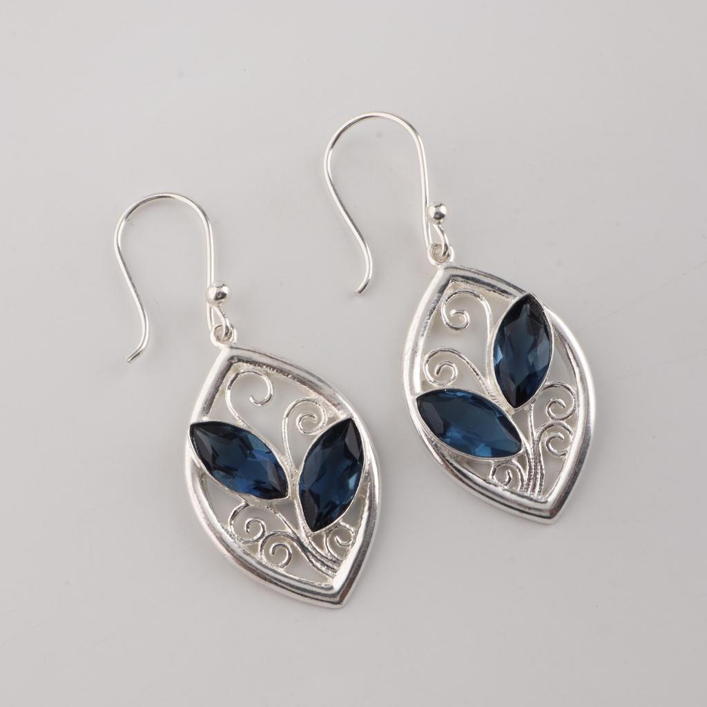 London Blue Topaz Gemstone Sterling Silver Handmade Earring 1.2", Elegant Silver Earring For Mother/Wife, Topaz Gemstone Earring CE-24-6