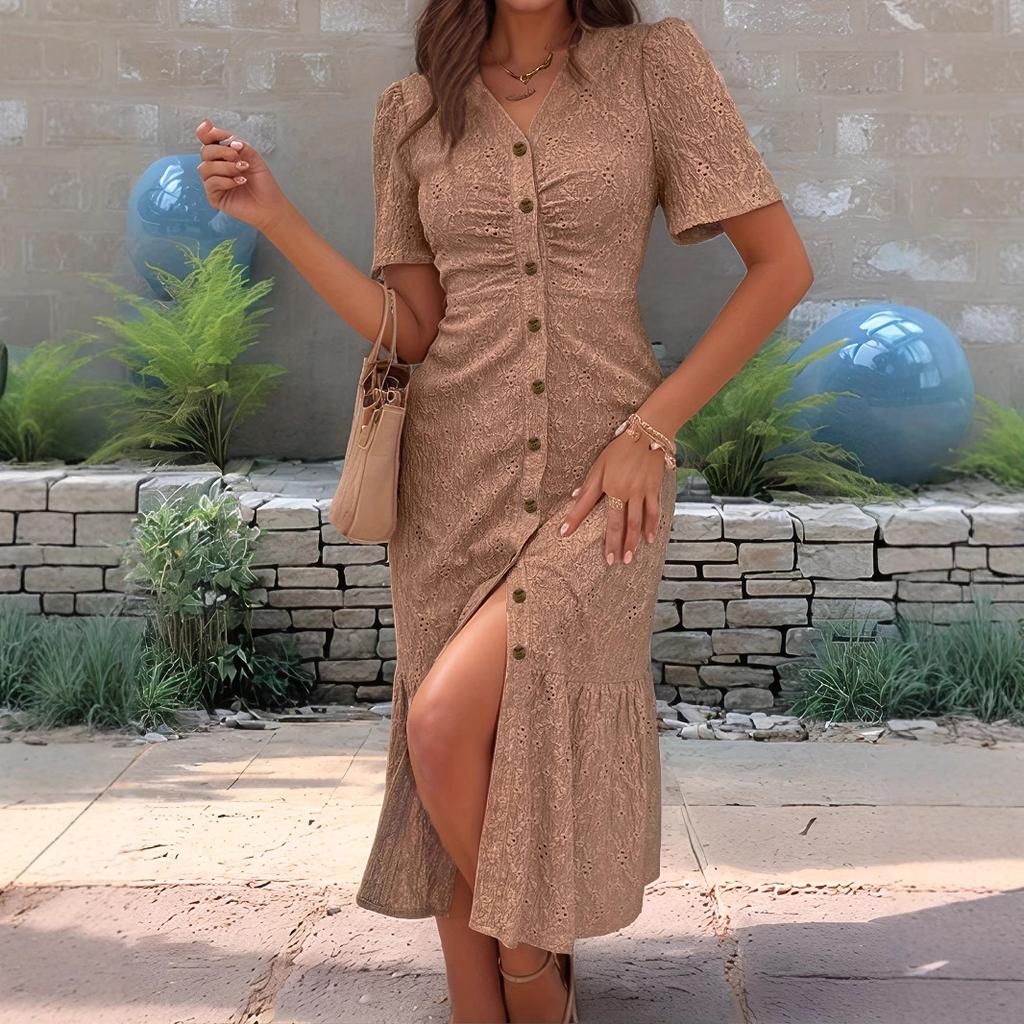 Damen V-Ausschnitt Kurzarm Knopfleiste Midi-Kleid mit Rüschensaum für Sommerliche Freizeitkleidung