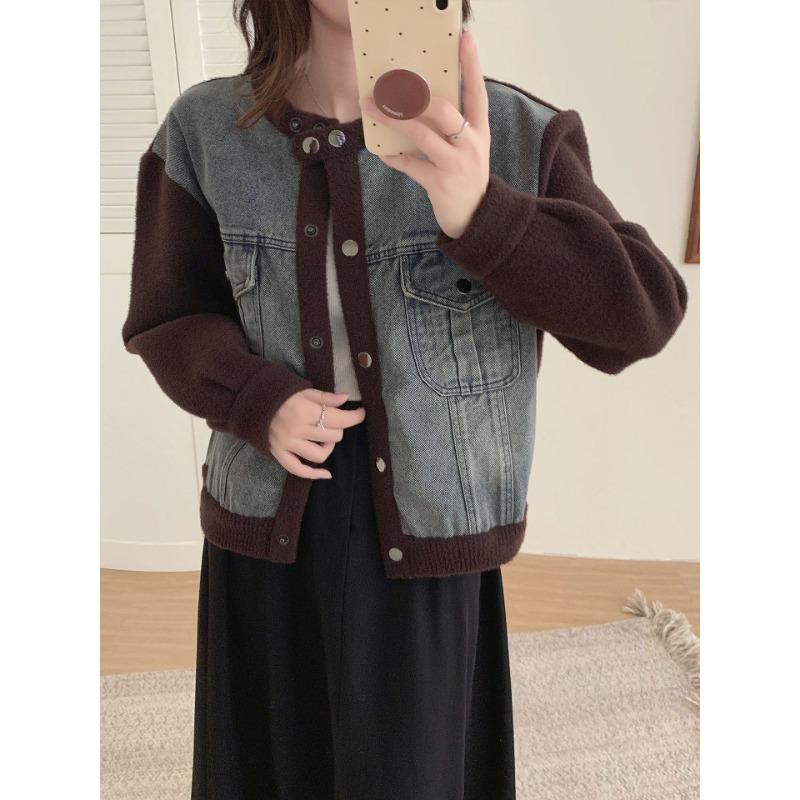 Autumn and winter new loose splicing denim knitted double-sided woolen cardigan sweater jacket women