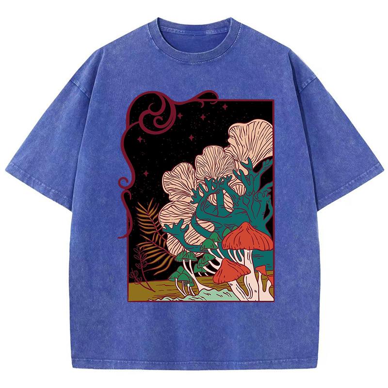 Cottagecore Garden Mushrooms Print Women Washed T Shirts Hip Hop Summer T-Shirt Loose Clothes Cotton Streetwear
