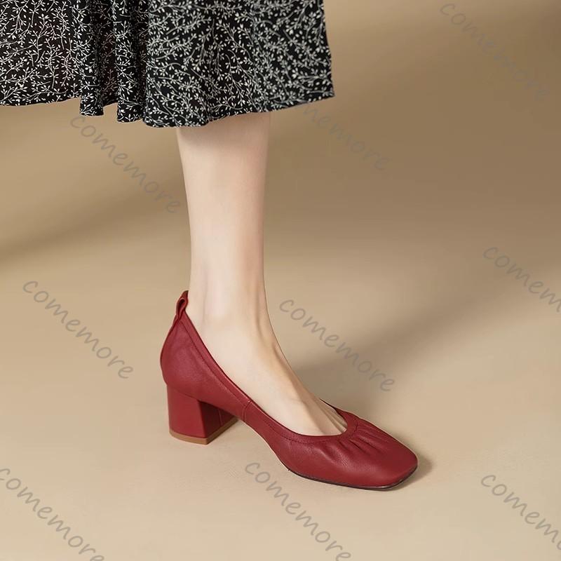 Fashion Comemore 2025 New Vintage Women's Pumps Shoes Round Toe Mid Heel Platform Shoes Retro Solid Color Chunky Heeled Red Dress Shoes