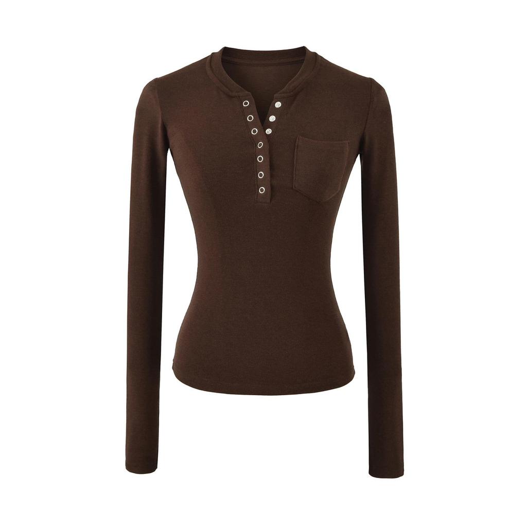 Women's American Spicy Girl Slim-Fit Henley Collar Long-Sleeve T-Shirt - Versatile Base Layer Top, 2026