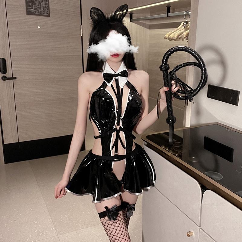 Women Sexy Lingerie Soft Patent Leather Female Underwear Set Hot SM Outfits Erotic Crotchless Body Suit Porno Black Kitten Dress