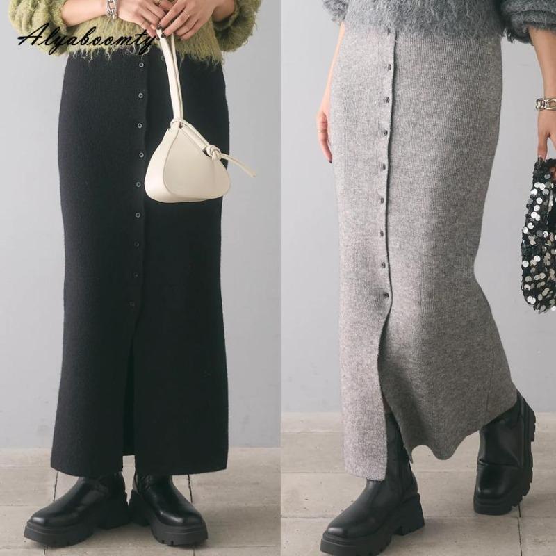 2025 Korean Style Spring Autumn Women Midi Skirt High Waist Black Gray Knitting Skirt Feminine Buttons Split Knitted Skirts Womens