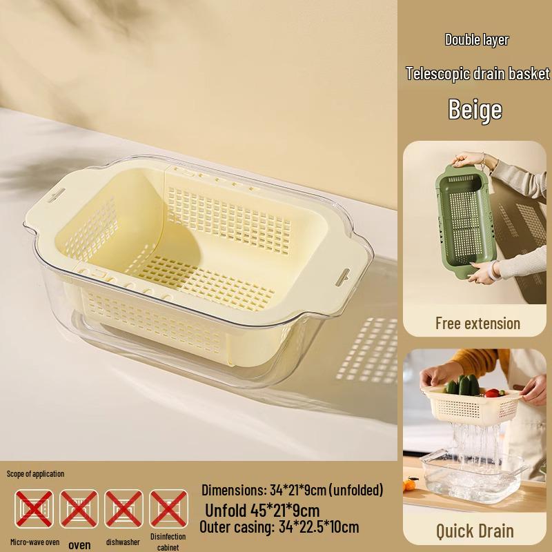 Retractable Drain Basket and Vegetable Wash Basin - Multi-functional Kitchen Sink Storage Rack Retractable Drain Basket