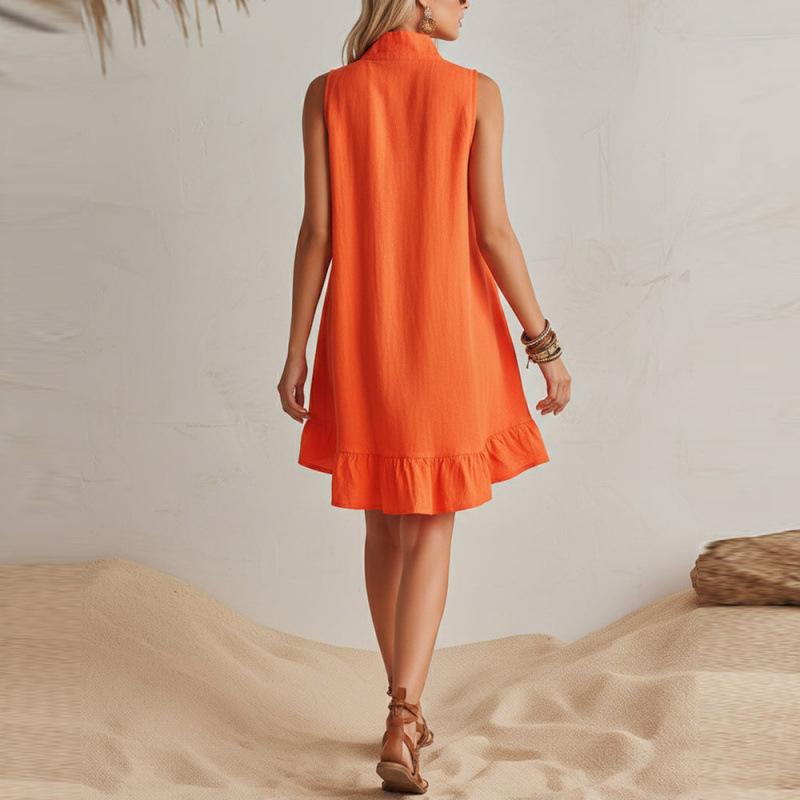 Summer European and American new fashionable simple sleeveless solid color casual stand-up collar pleated dress