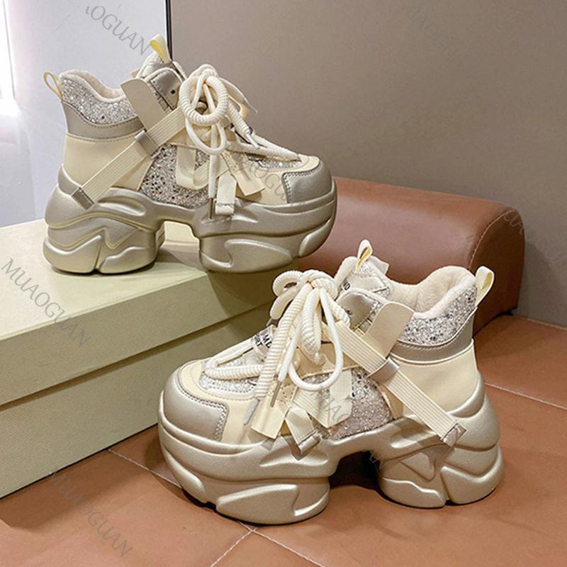 Glitter Platform Dad Sneakers for Women Autumn Winter Thick Sole Elevator Chunky Sneakers Sweet Cool Style Lace-Up Tennis Shoes