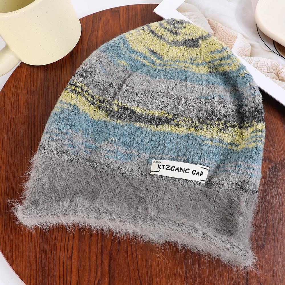 

American Retro Wool Knit Hat: Color-Block Stripes, Versatile Ear Warmer for Autumn/Winter сірий колір