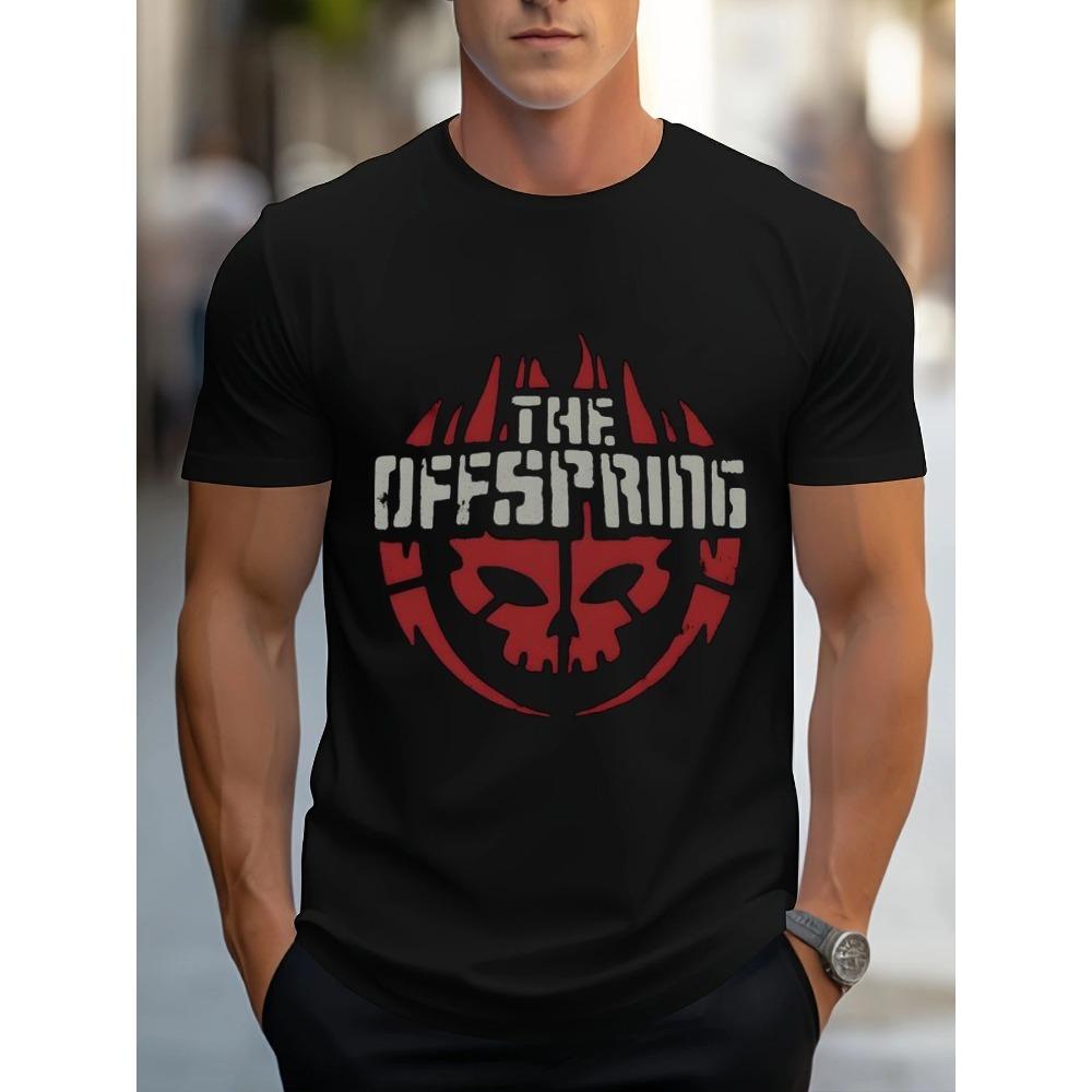 

European sizes The Offspring Graphic T-shirt | Dark Blue Crew Neck with Bold White Text & Red Flame-Like Skull Motif, Stylish Casual Tee for Men 4XL чорний
