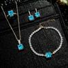 Rose Cut Sea Blue Octagon Flash Diamond Necklace Pendant Open Ring Stud Earrings Bracelet