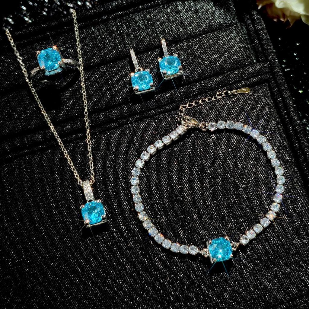 Rose Cut Sea Blue Octagon Flash Diamond Necklace Pendant Open Ring Stud Earrings Bracelet