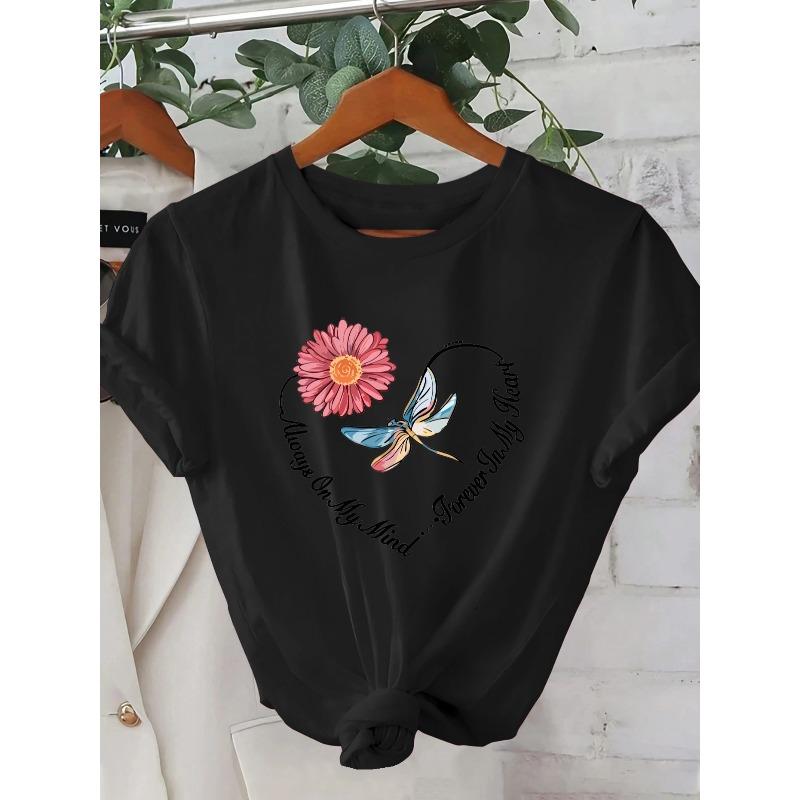 

Women S Short-Sleeve Regular Fit - Features a 2D Geometric Butterfly Heart Pattern, Showcasing a Trendy Street Style S чёрный