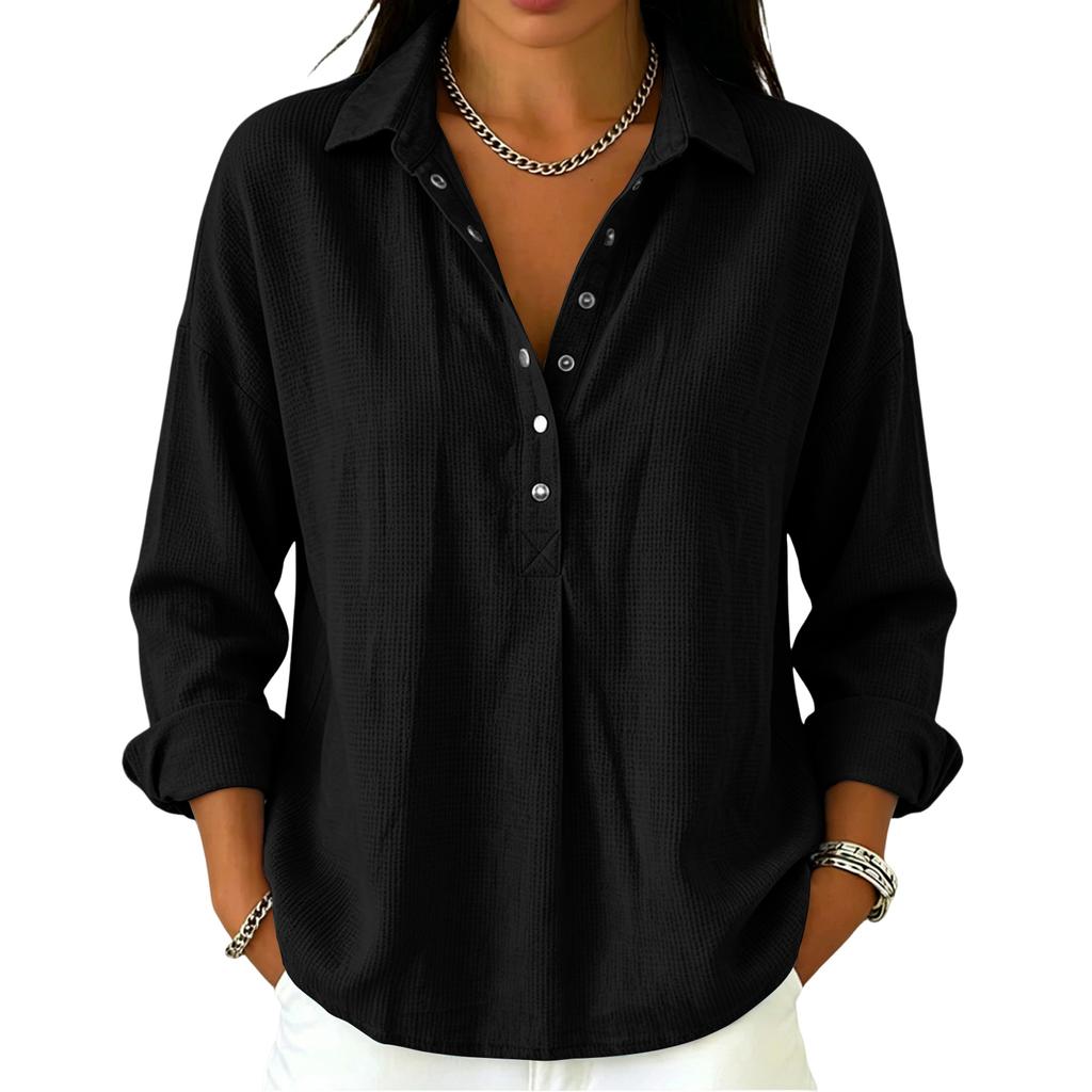 Women's Casual Long Sleeve Polo Shirt Button Front Waffle Texture Pullover Lightweight Relaxed Fit Top for Everyday Wear