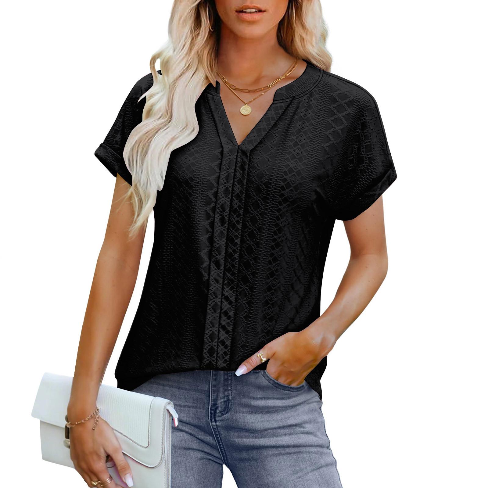 

Женские летние топы, повседневные, с оборками, коротким рукавом, круглым вырезом, свободные, плиссированные футболки L чёрный