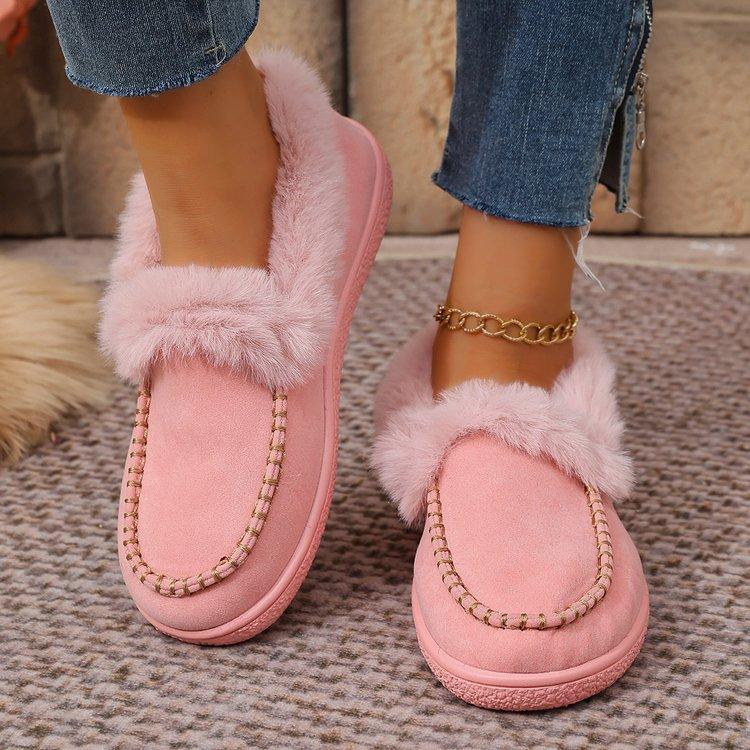 Women's Plus Size Furry Cuff Flat Cotton Shoes Autumn Winter Fleece Lined Warm Slip on Shoes