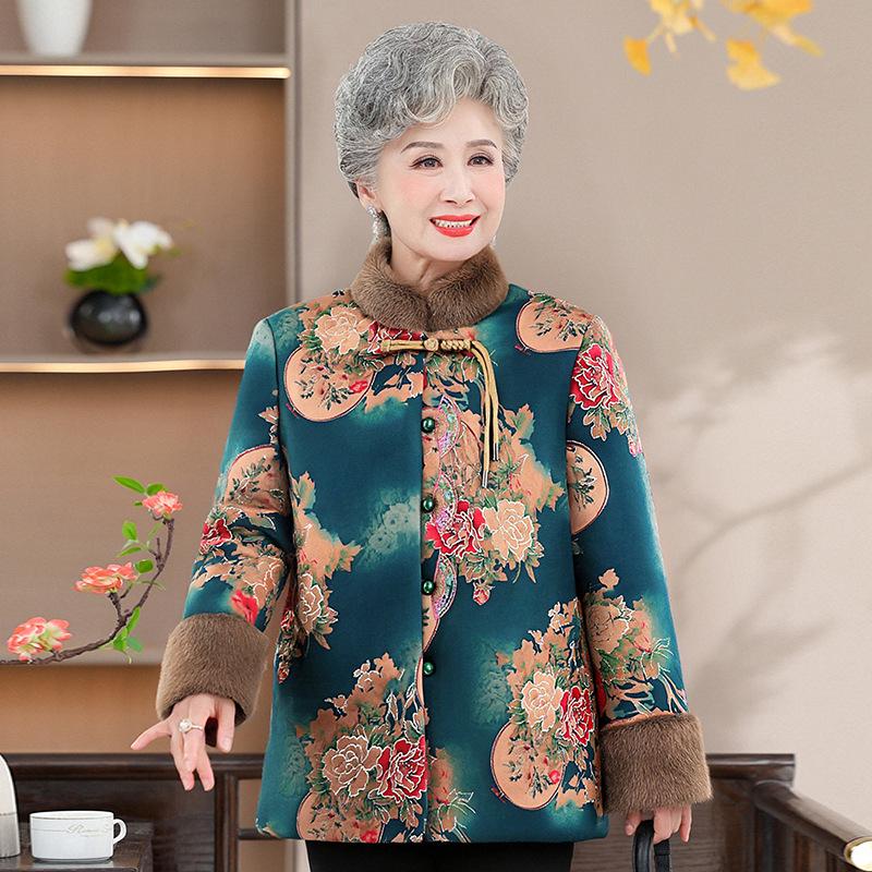 Grandma Winter Cotton Jacket: Stylish Women's Chinese-Style Velvet-Enhanced Coat for Elderly Moms