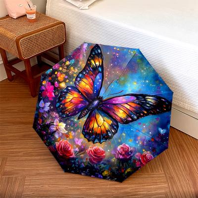 1 PC Automatic Folding Umbrella - Butterfly Garden Pattern, Portable & Foldable Design with 8 Ribs, Christmas Birthday Gifts