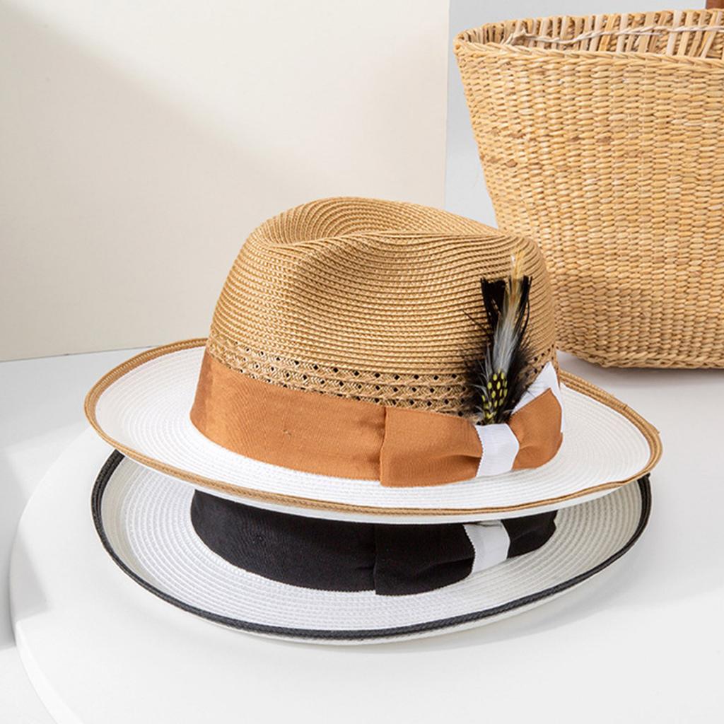 Elegant Raffia Panama Hat With Feather Detail Unisex Foldable Travel Accessory For Beach Party