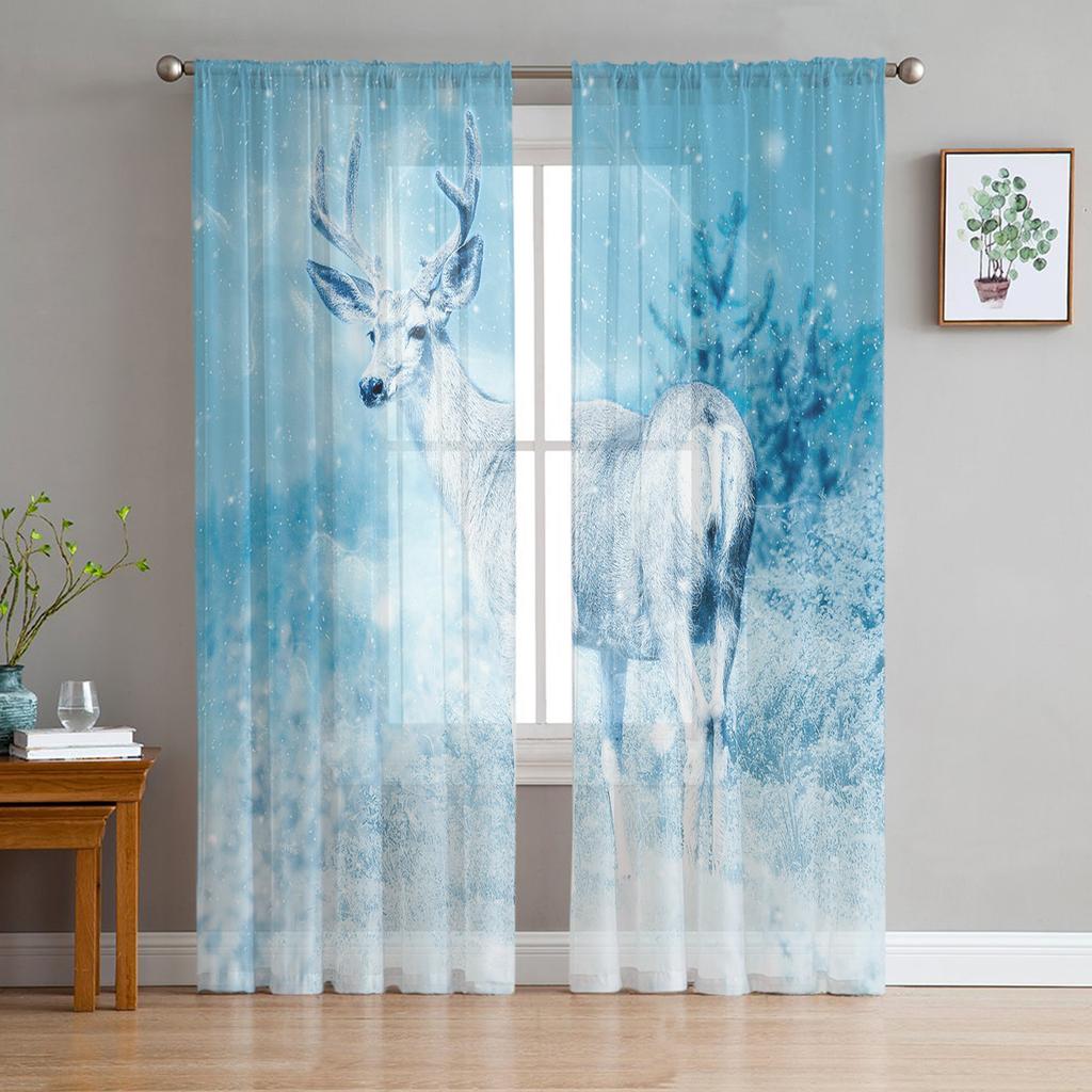 Snowing Winter Elk Christmas Tulle Curtains Living Room Decoration Bedroom Kitchen Window Treatment Sheer Made Of Polyester Area Decor