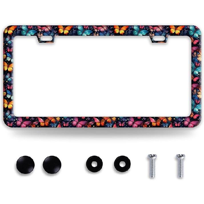 Line Art Flowers License Plate Frame Beautiful Floral License Plate Frames Funny Stainless Steel Accessories Cars Decor With 2 Holes And Screws Fits