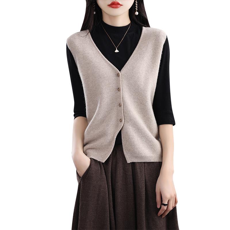 Women's V-Neck Wool Vest, Sleeveless Cardigan Sweater for Spring and Autumn