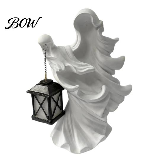 Resin Night Lights for Patio Halloween Ghost Messenger Figurine, Witch Statue with Lantern, Waterproof Indoor Outdoor Whimsical Party Decor