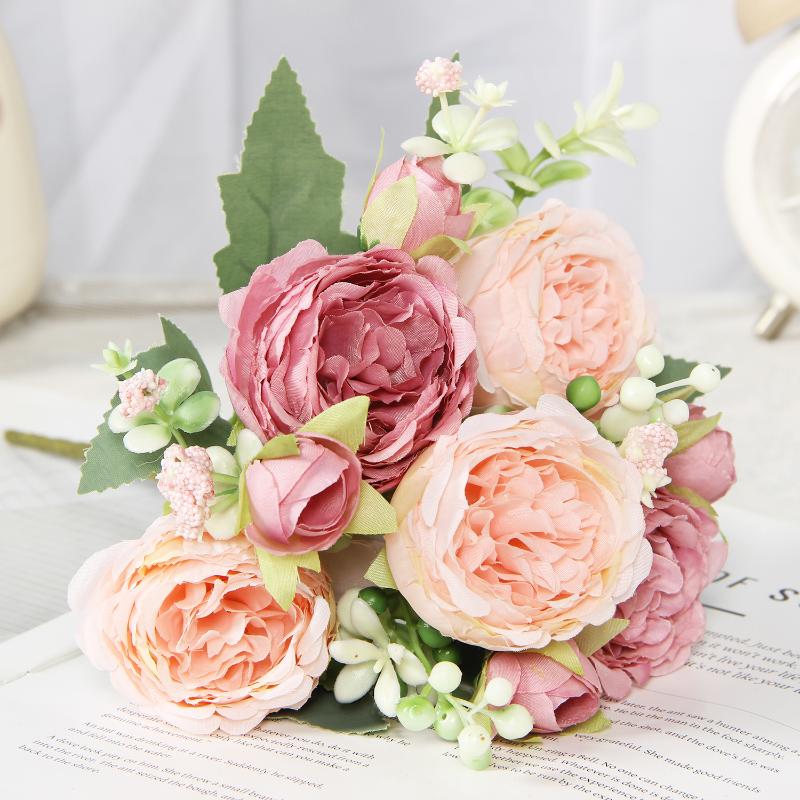 Artificial Flowers Fake Silk Peony Vases Flower Bouquets Home Room Decoration Garden Flower Garlands Wedding Bridal Accessories