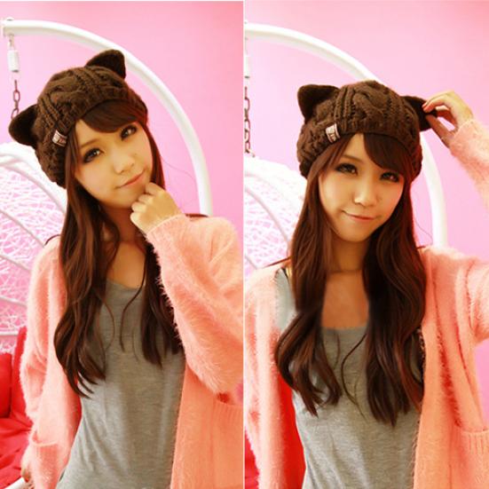 Women's Winter Knit Crochet Braided Cat Ears Beret Beanie Ski Knitted Hat Cap