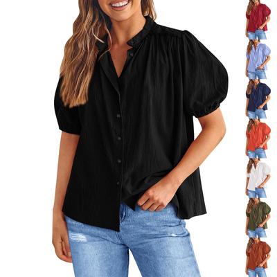 Women's Fashion Summer Button-Down Shirt Short Sleeve V Neck Cotton Formal Casual Women's Top Shirt