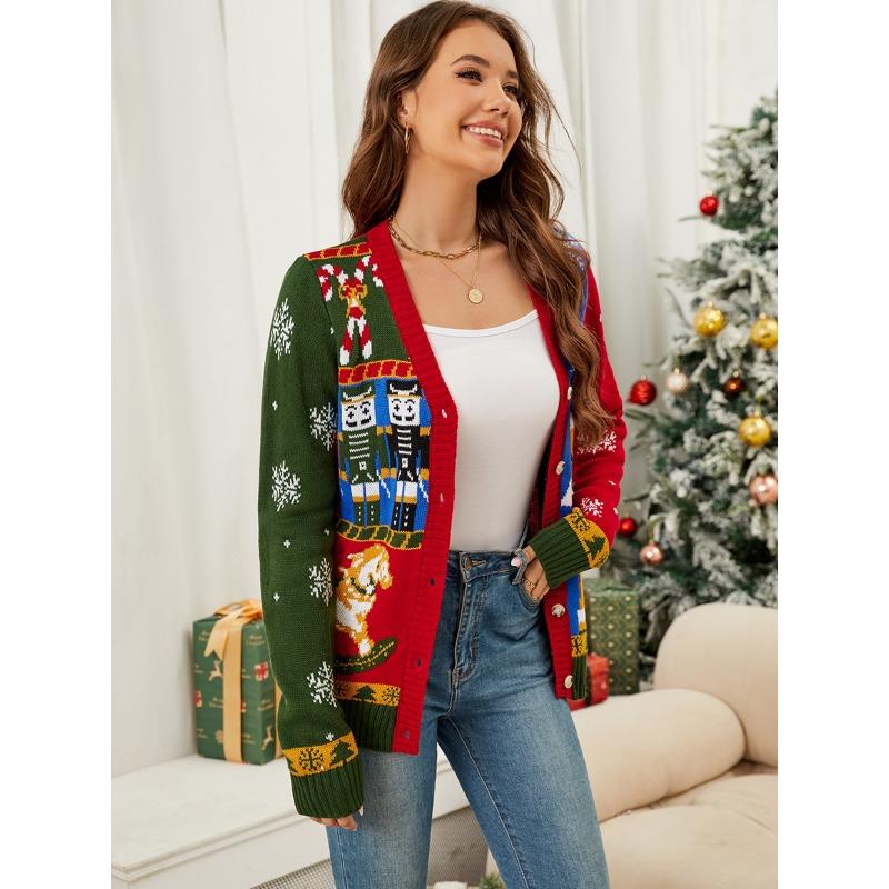 Autumn and Winter Long Sleeved Knitted Jacket, European and American Christmas Sweater, Cardigan, Contrasting Color Jacquard Christmas Sweater