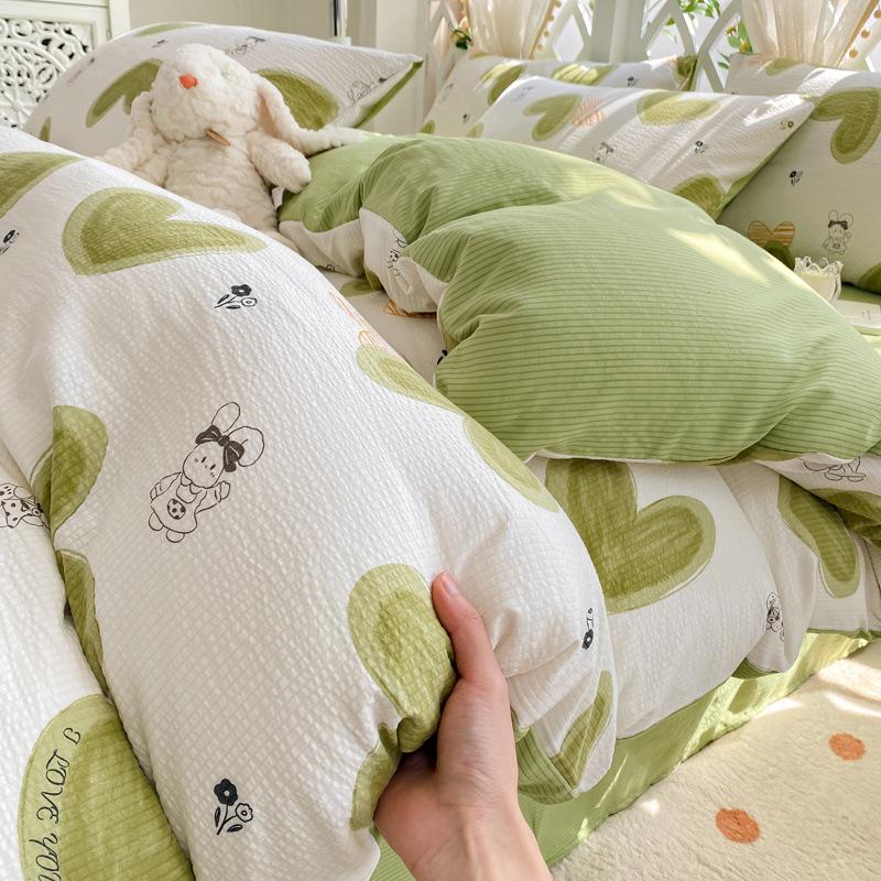 Class A Maternal Infant Grade Small Fresh Super Soft Bubble Cotton 4-Pcs Set Washed Cotton Quilt Cover Dormitory 3-Pcs Set Bed Hat