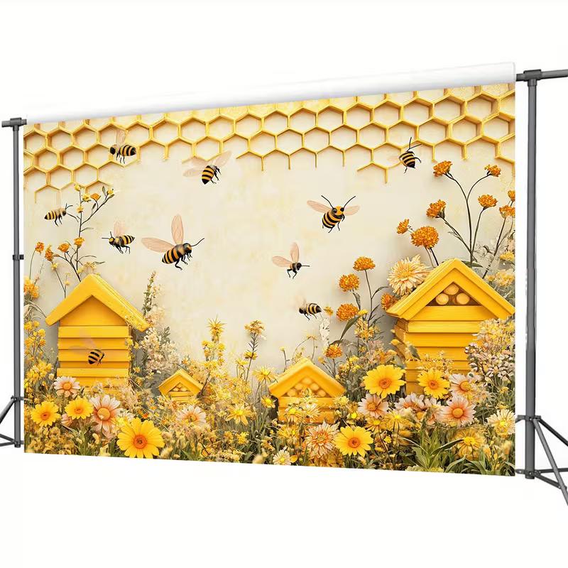 2D Bee Honeycomb Backdrop Yellow Floral Bumblebee Photography Background