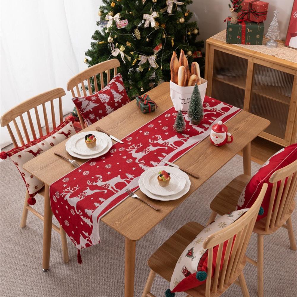 Christmas Table Runner Red Holiday Table Decor Reindeer Snowflakes Pine Trees Festive Dining Room Decoration for Christmas Party