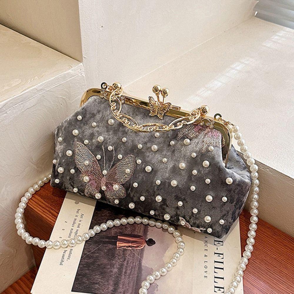Pearl Embroidery Banquet Bag Butterfly Ladies Shell Bag Portable Hanfu Clutch Bag  Lady