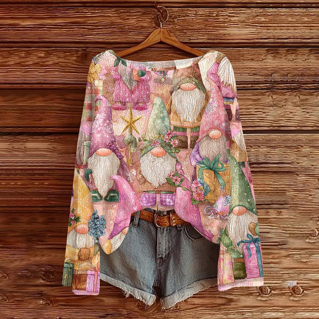 Women's Fashion Christmas Print Lightweight Sweater Casual Long-Sleeve Knit Pullover Top