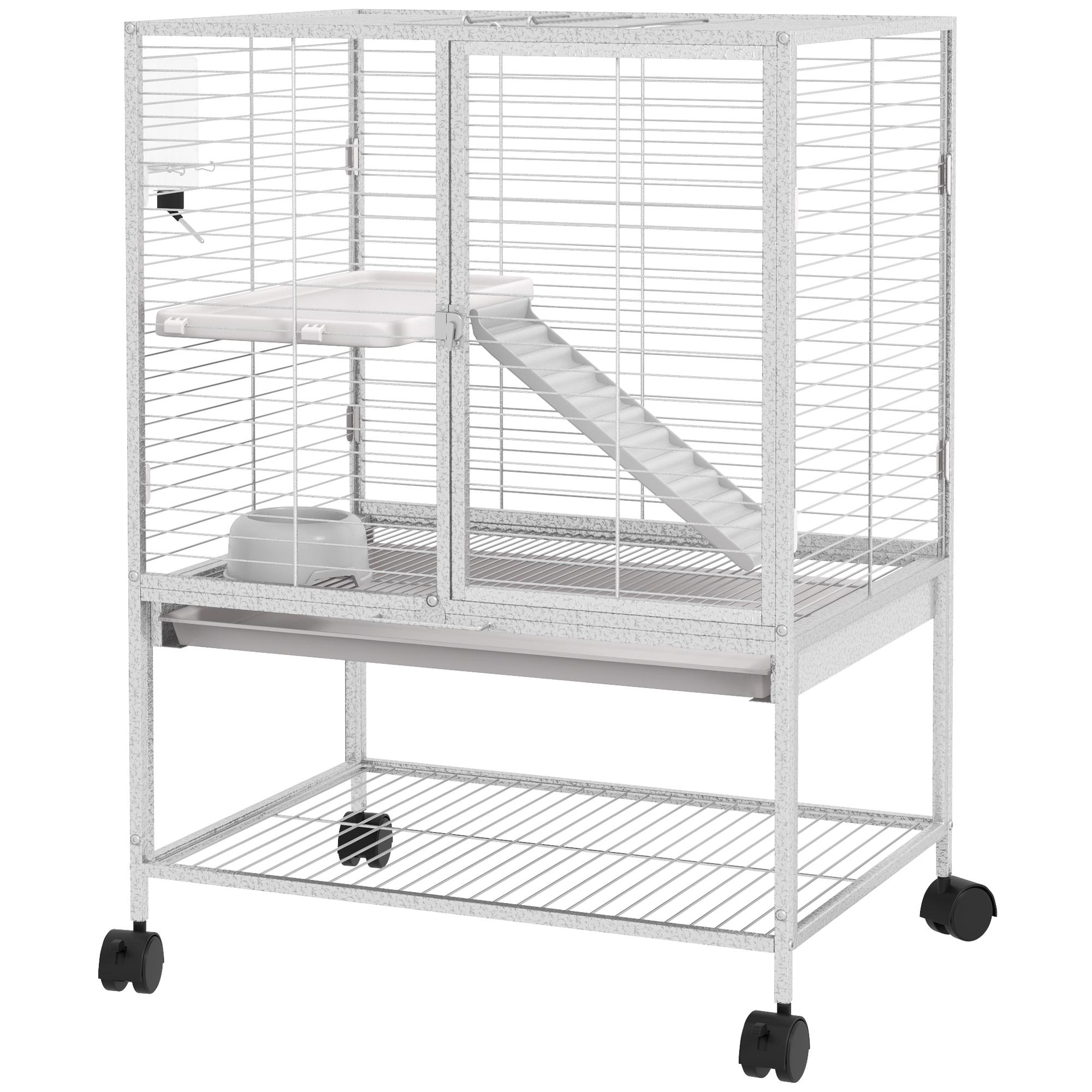 Cage pour petit animal à 2 étages sur roulettes avec 2 portes, 1 rampe, 1 étagère de rangement 61,5 x 44,5 x 86 cm Gris