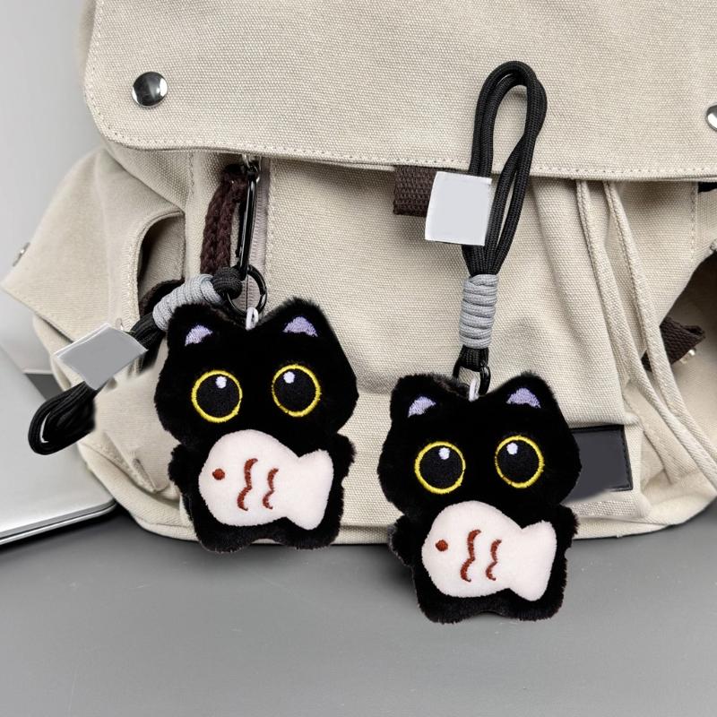 Adorable Plush Black Kitten Keychain With Bells And Fish Toy Christmas Tree Ornament Gift For Kids Birthday Decorations