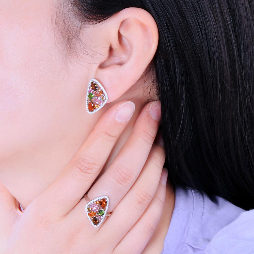 Mehrfarbiger Turmalin-Diopsid-natürlicher Edelstein-Ring-Ohrring-Schmuckset Damen edler Schmuck 925er Sterlingsilber Leichtes Luxusdesign