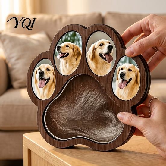 Pet Memorial Desk Decor Wooden Paw?Shaped Picture Frame, Keepsake Photo Frame with Fur Storage Compartment, Loss Remembrance Tabletop Ornament