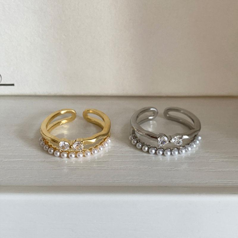 2Pcs Stackable Ring Set Faux Pearl & Rhinestone Twisted Band Open Rings for Women