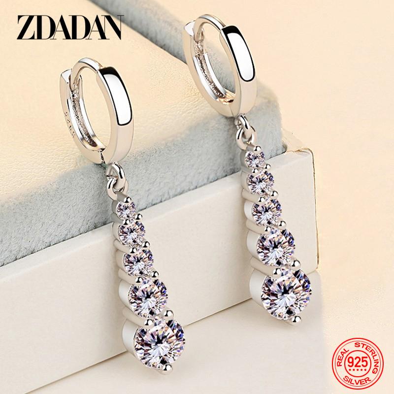 ZDADAN 925 Sterling Silver Long Drop Earrings For Women Fashion Wedding Jewelry
