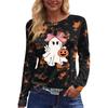 Women's Fashion Long Sleeve Top with Halloween Print and Side Slits, Round Neck